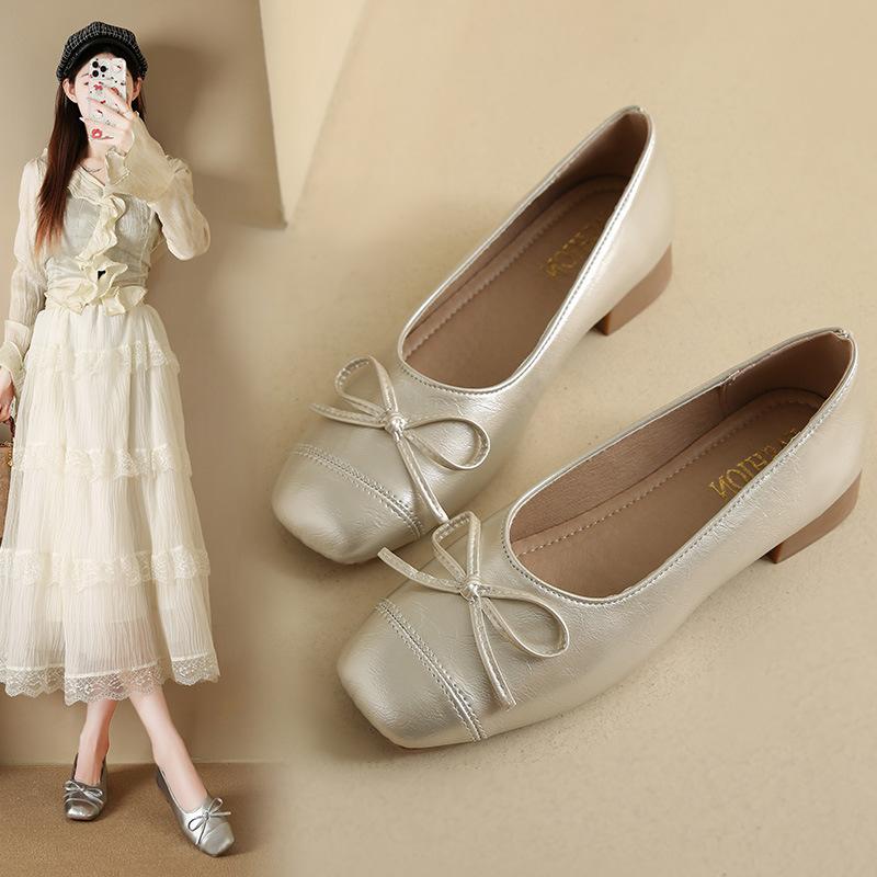 French retro ballet style shallow mouth flat sole shoes women's new autumn bow square head Mary Jane shoes women
