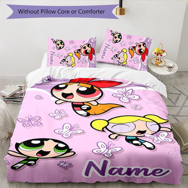 3pcs The Powerpuff Girls9 Cover Set - Personalized Name, HD Printed Bedding with 1 Cover and 2 Pillowcases - Perfect for Home Decor, Easy Care