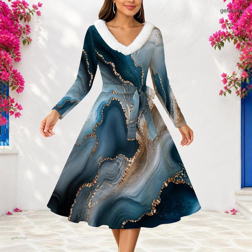 Women Plus Size V Neck Faux Fur Trim Long Sleeve Black Gold Abstract Print Belted A Line Midi Dress