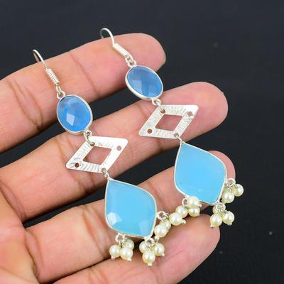Birthday Gift For Her Natural Aqua Chalcedony Drop/Dangle Earrings 925 Silver