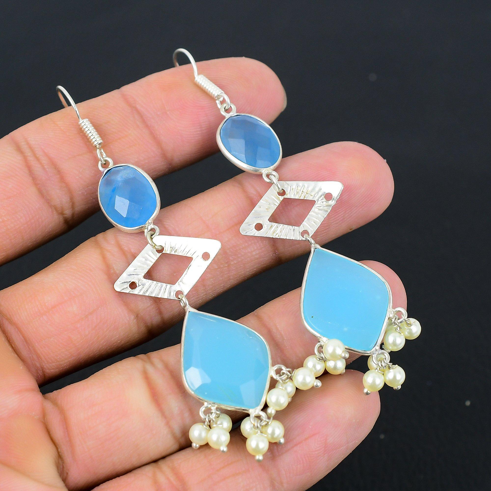 

Birthday Gift For Her Natural Aqua Chalcedony Drop/Dangle Earrings 925 Silver