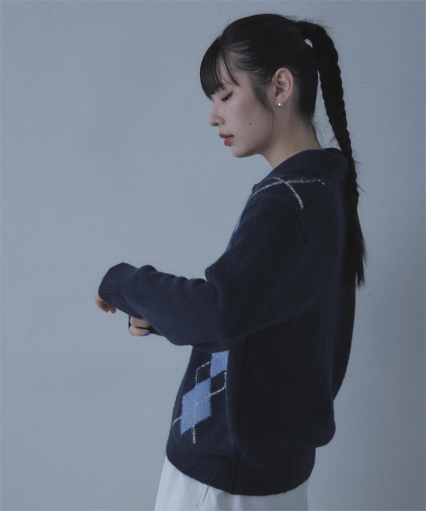 miette Collared Argyle Knit REW18109 Free Size Navy Women's