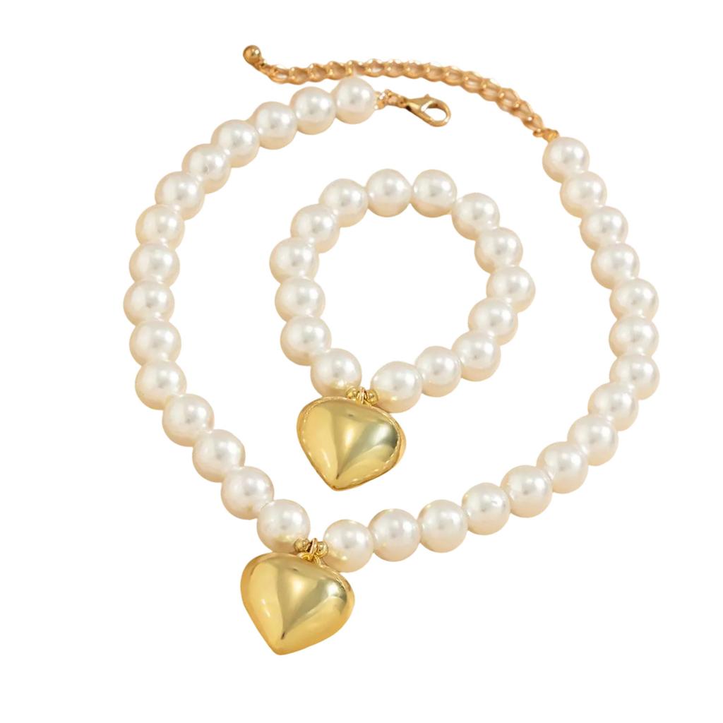 Simple Gold Color Ball Bead Chain Necklace Bracelet Heart Pendant Jewelry Set Elegant Beaded Accessory for Women