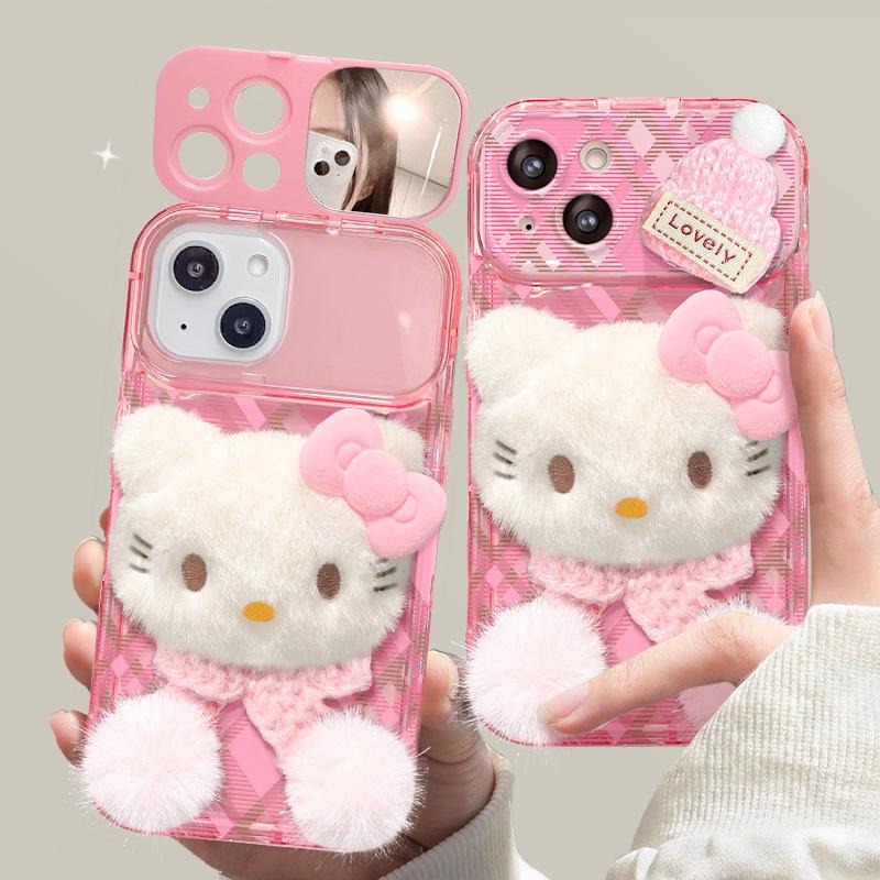 Plush kt cat bracelet is suitable for Apple 16pro mobile phone case 15 flip mirror 14 cute anti-drop 13/17 silicone.