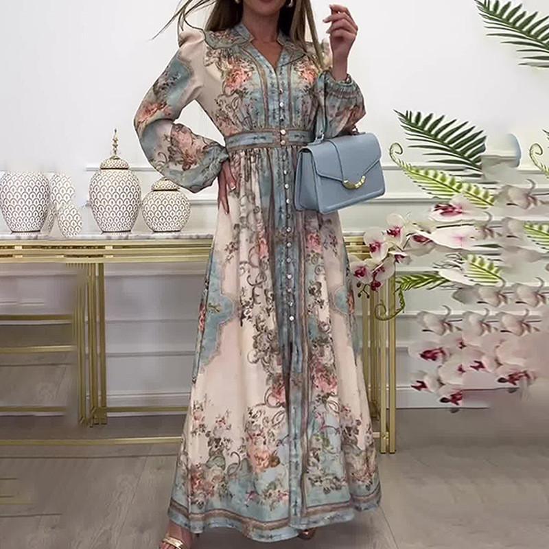 Floral Print Lantern Sleeve Dress With High Waist For Elegant Spring Casual Wear