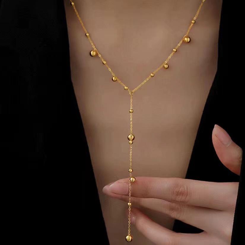 Trendy Women's Titanium Steel Tassel Necklace with Round Beads - Versatile Clavicle Chain Jewelry