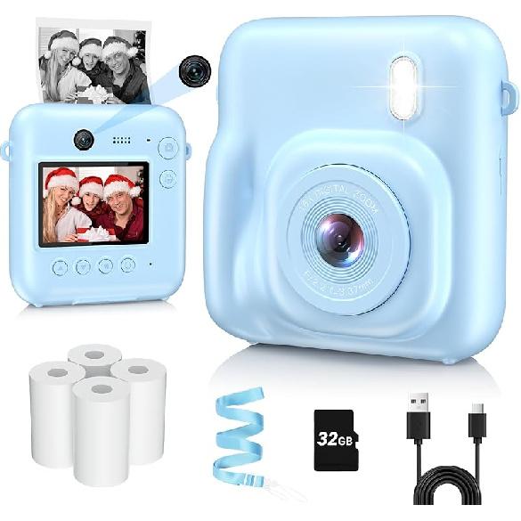 Kids Camera Instant Print, Dual-Lens 48MP Digital Camera for Christmas Birthday Gifts, 1080P Selfie Instant Cameras for Kids with 32GB Card, Instant