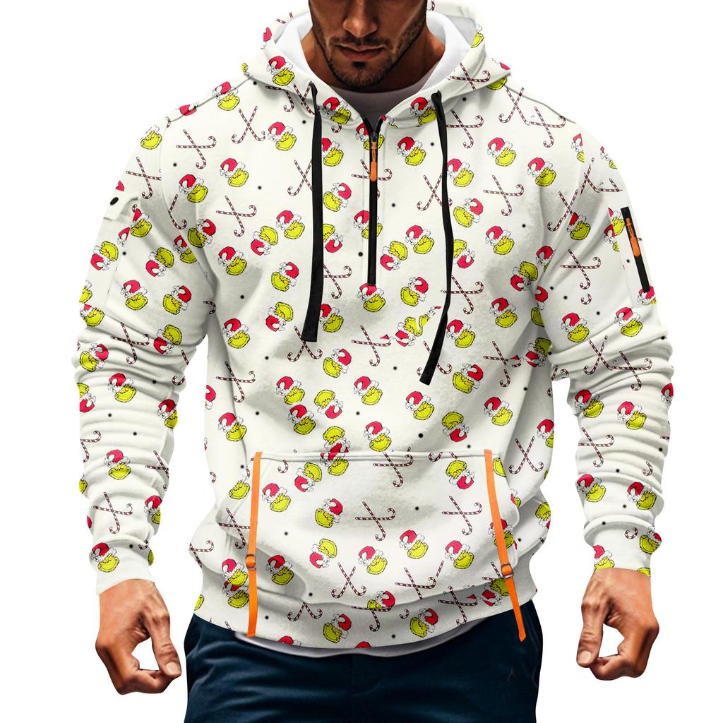 Men's Christmas Print Hooded Half-Zip Casual Sports Sweatshirt