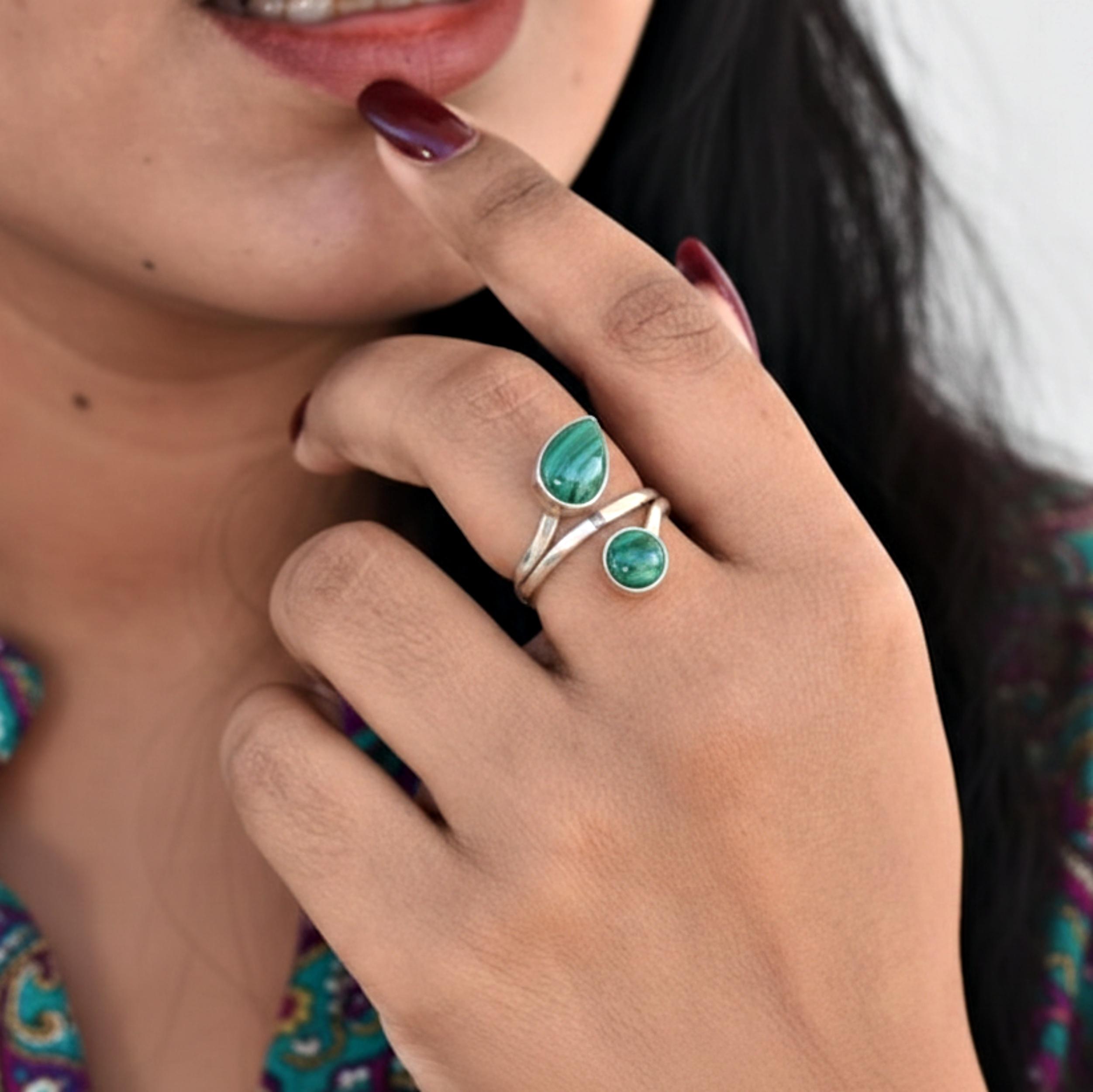 

Green Malachite Statement Ring, 925 Sterling Silver, Dual Gemstone Ring, Minimalist Jewelry for Women 12 серебряный