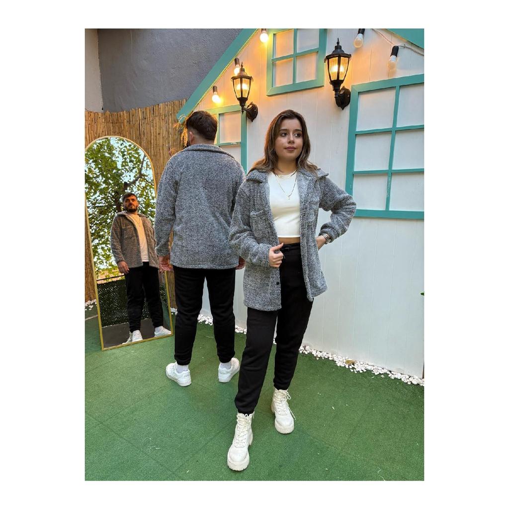 2-piece Men's Plush Jacket With Pockets - Gray Black Winter Shirt Collar