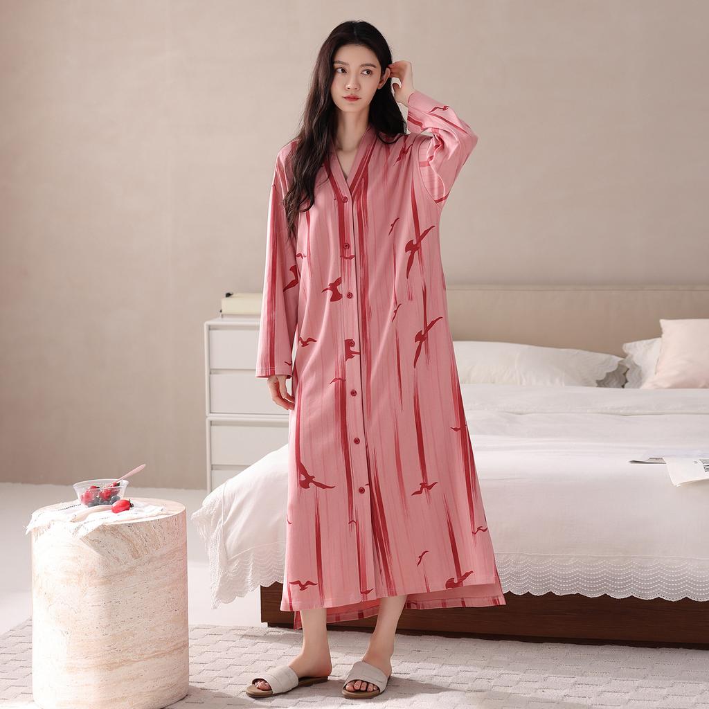 Pure Cotton Nightgown Women'S Spring And Autumn Cartoon Cute Long-Sleeved Long Pajamas Skirt Can Be Worn Outside Loungewear
