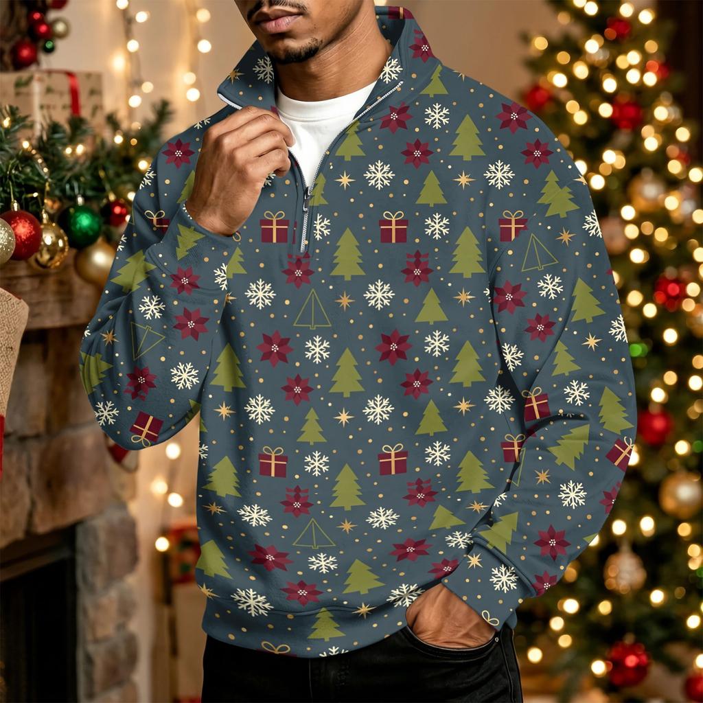 Men's Casual Quarter-Zip Stand Collar Sweatshirt with Christmas Print, Holiday Pullover