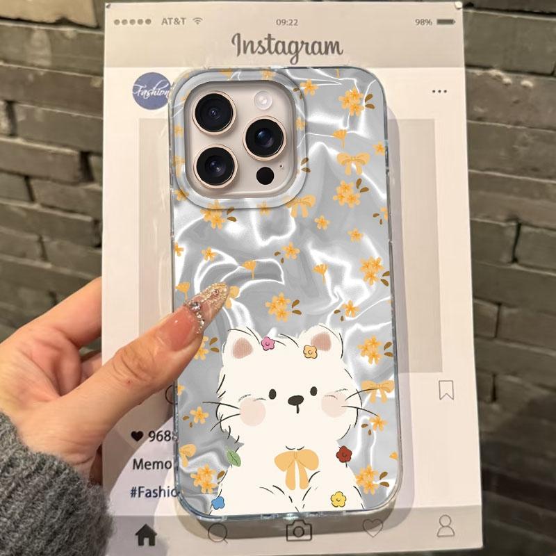 

Cute Cat Small Flowers Girls Women Phone Case For Apple iphone 16pro 15 16 14 13 Pro Max 16e 12 11 7 8 Plus XR SE Fundas Cover ipone 16e білий