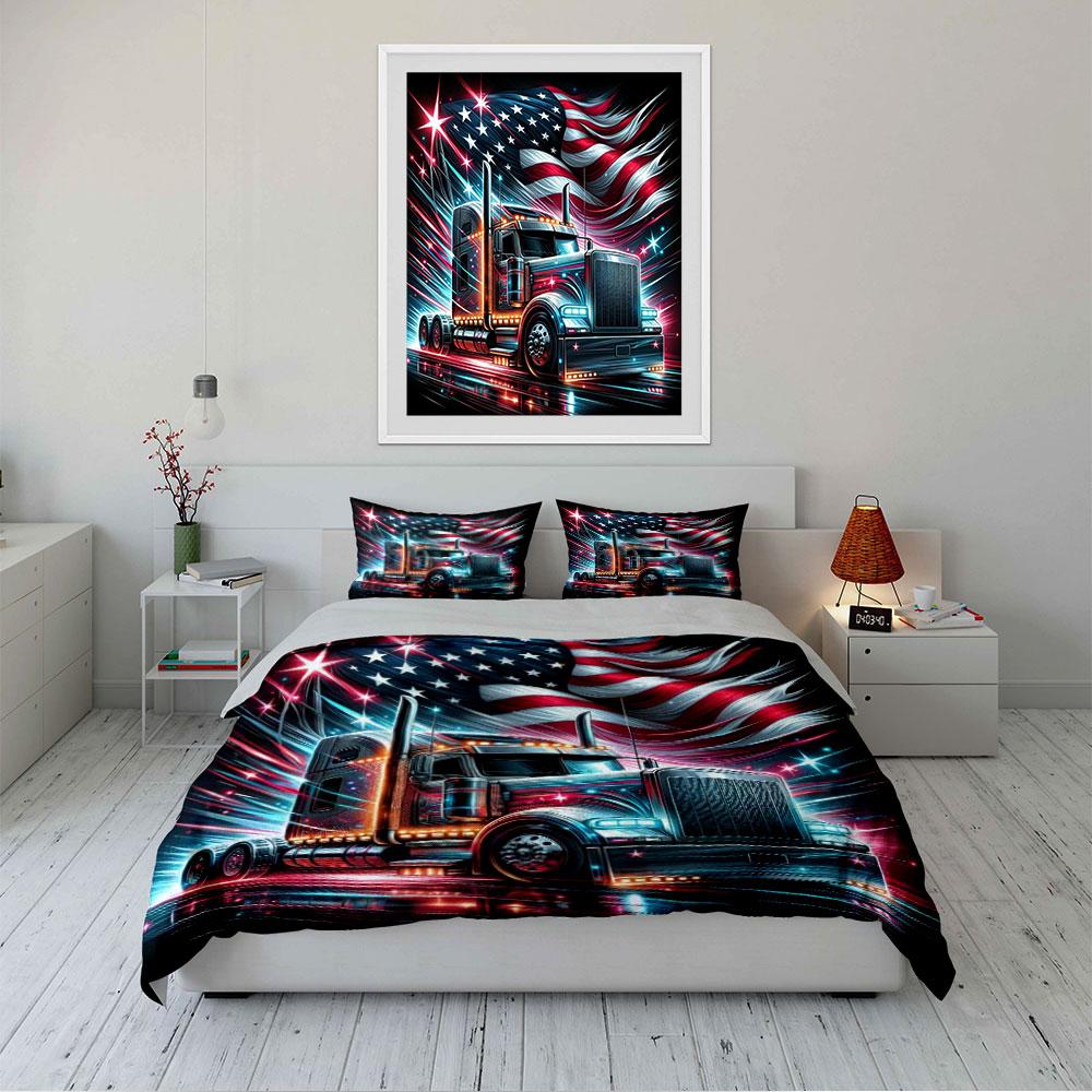 American Flag and Truck Design Bedding Duvet Cover Set Duvet Cover Pillowcases (1 * Duvet Cover 2 * Pillowcases, without duvet insert)