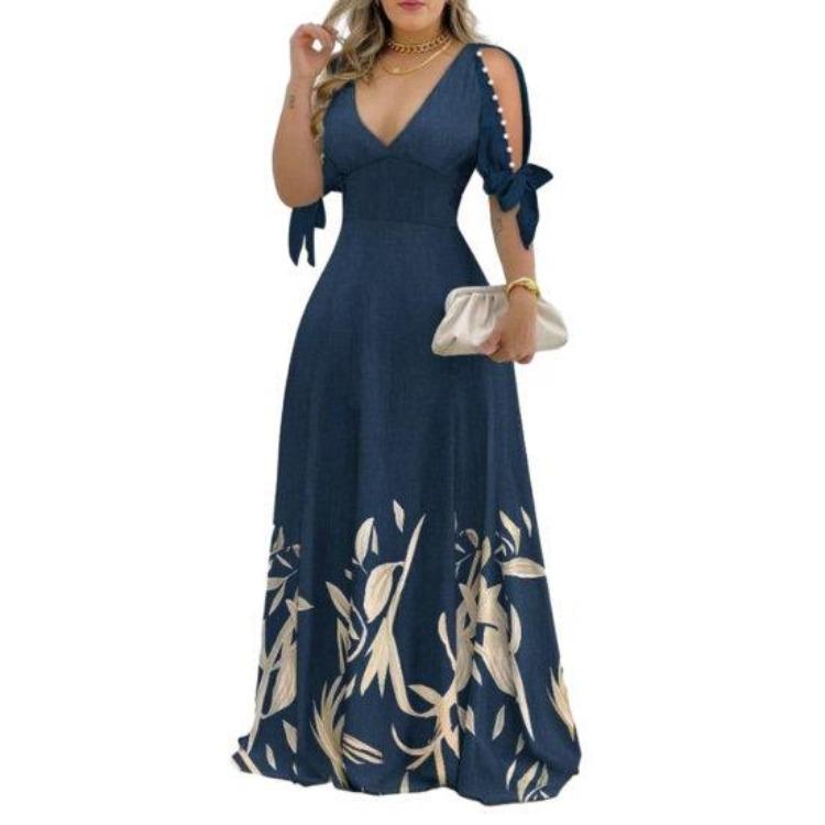 

Женское платье макси с V-образным вырезом, ажурное, с цветочным принтом, с высокой талией, длиной до пола, А-силуэта, весенне-осеннее платье с отделкой бусинами, пэчворк, бантом, рукавом три четверти XL темно-синий