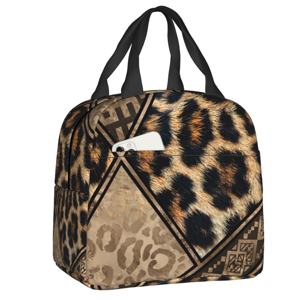 Custom Brown Animal Leopard Print Insulated Lunch Bags for Women Leopard Eyes Portable Cooler Thermal Food Lunch Box Children