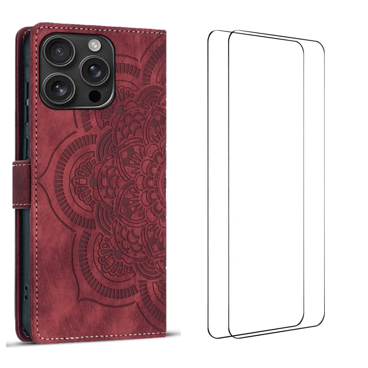 

For iPhone 16 Pro Max Case with 2Pcs Tempered Glass WANLONFENG MTL Series Mandala Leather Phone Cover Red