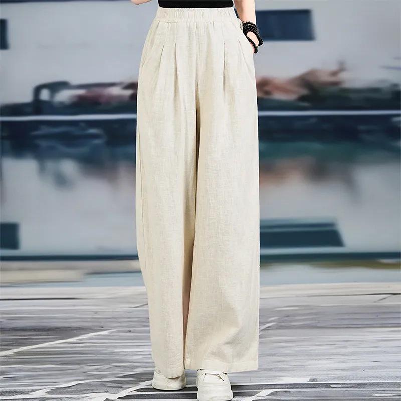 Women's Spring/Summer High-Waisted Wide-Leg Cotton Linen Pants