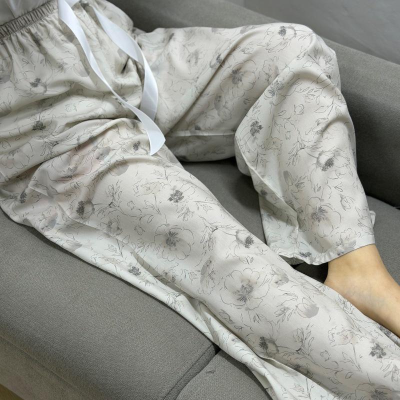 Damen-Blumen-Baumwoll-Seiden-Pyjama - Große Größen, Sommer, Leicht, Für draußen, Gerades Bein, Lockerer Schnitt
