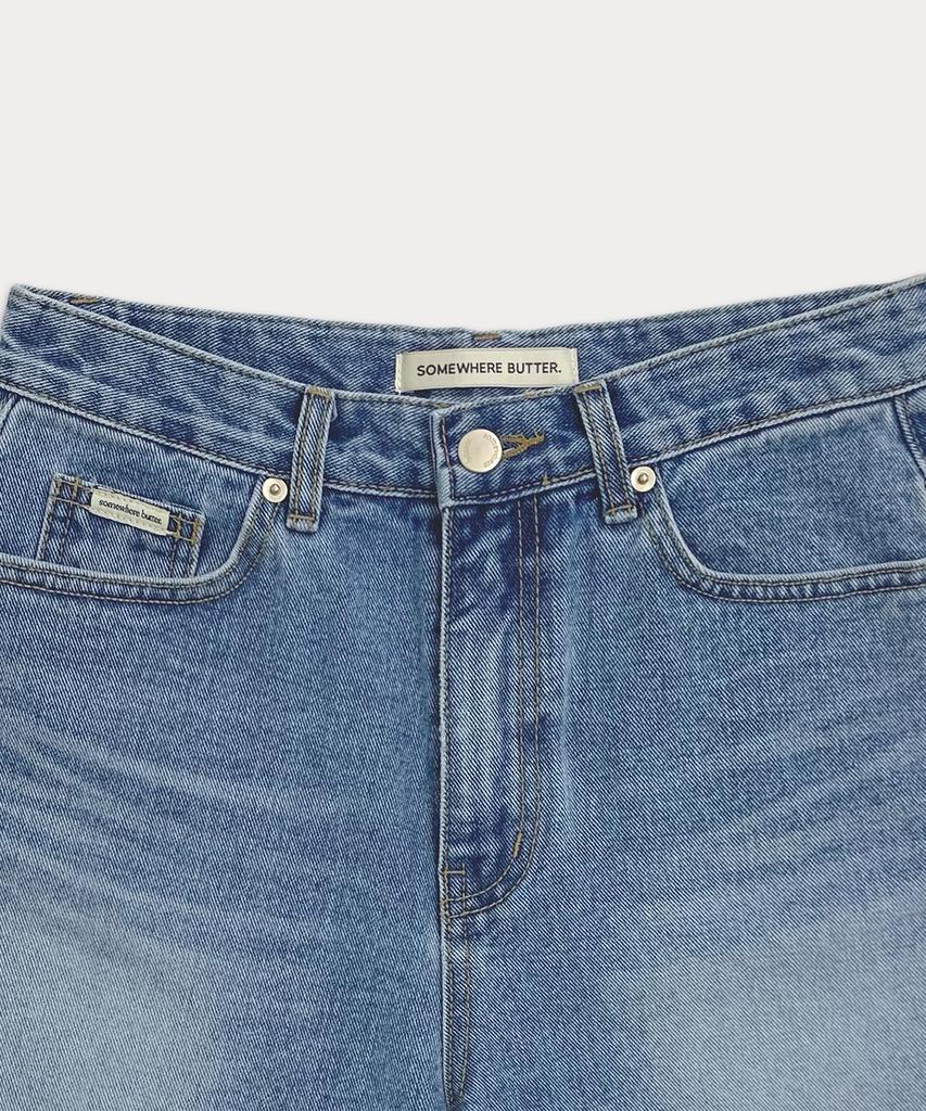 Sseomweeobeoteo Cutting Half Denim Pants - Middle Blue