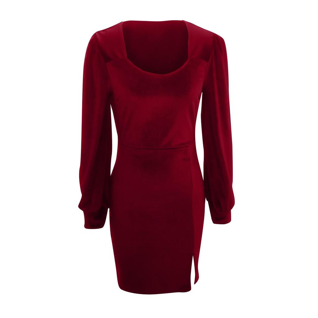 Women's Fashion Fall And Winter Slim Square Neck Elegant Velvet Long Sleeve Dresses