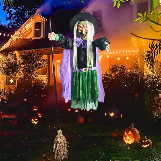 6 FT Halloween Flying Witch Decor Animated Hovering Witch with Scary Sound And Light-up Eyes for Outdoor Garden Yard Lawn Decoration
