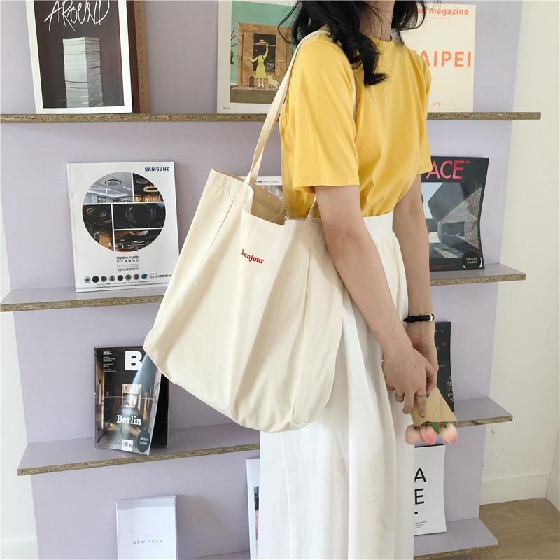 Shoulder Bag Embroidered Canvas Bag Capacity Shopping Cloth Bag Portable Simple and Fashionable