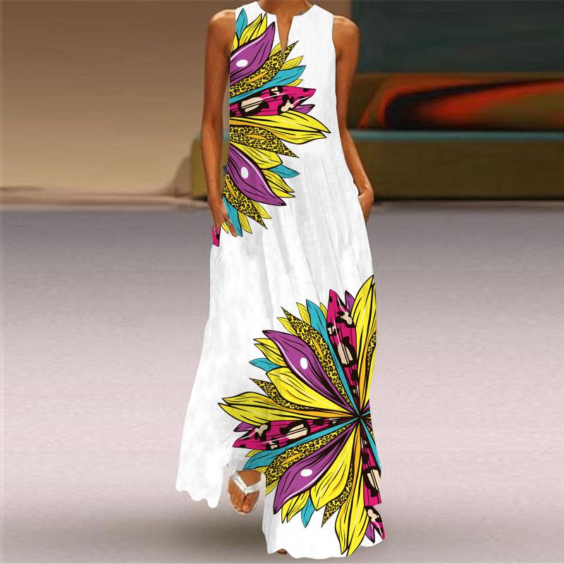 Abito da donna senza maniche con scollo a V Abito estivo ampio con stampa casual Abito lungo da spiaggia