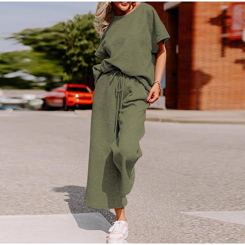 Sets for Women Summer Lounge Sets O-Neck Tops Wide Leg Crop Pants Vacation Travel Outfits