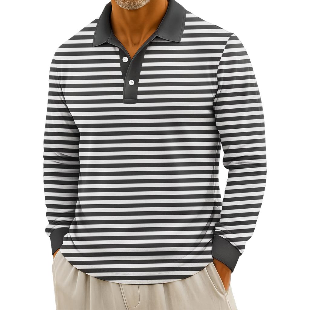 Men's Casual Striped Print Button-Up Long-Sleeve Tops