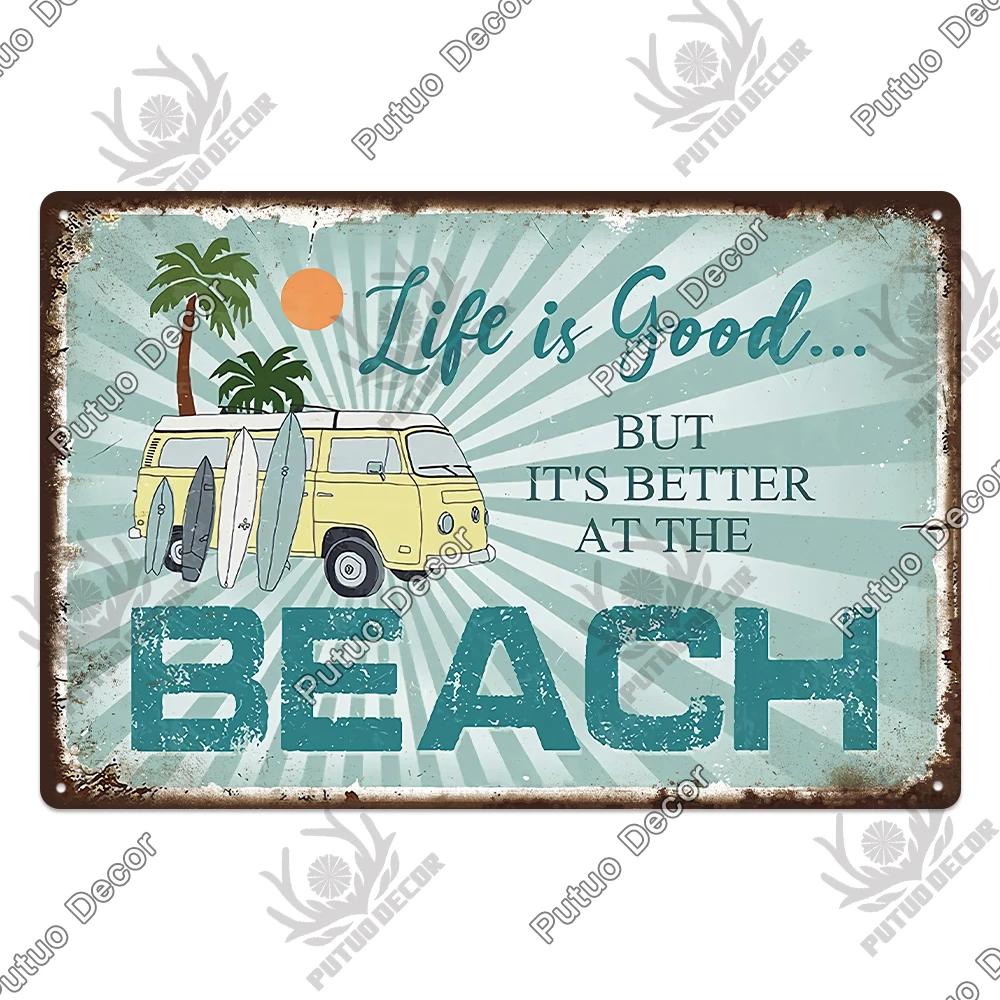 Putuo Decor Beach Vintage Tin Signs Plaque Metal Plate Retro Summer Posters Wall Art Decor Seaside Bar House Room Iron Painting