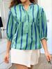 Womens Summer Striped Puff Sleeve Babydoll Blouse V Neck Loose Fit Top