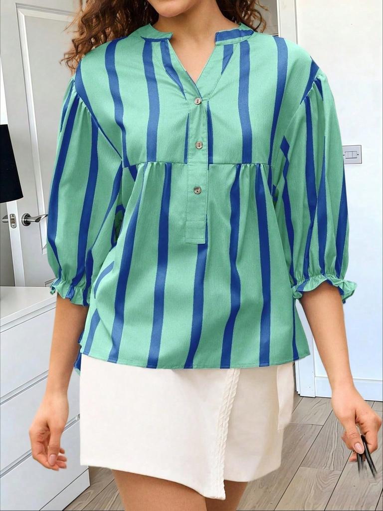 Womens Summer Striped Puff Sleeve Babydoll Blouse V Neck Loose Fit Top