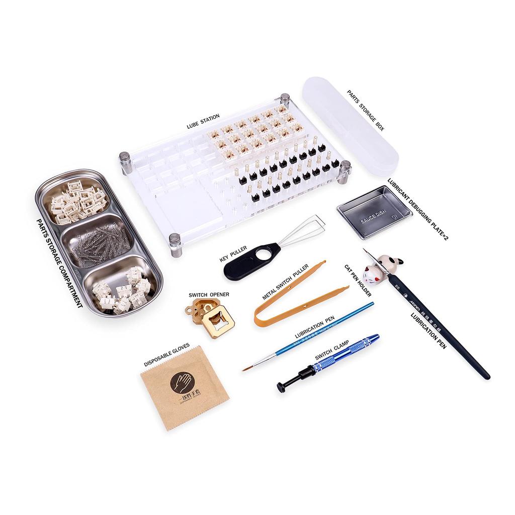 The 33 Switch Station Tester Includes a 2 In 1 Switch Opener, Switch Puller, Puller, Switch Clamp, Lubricant Pen, Parts Storage Box and Cat Pen