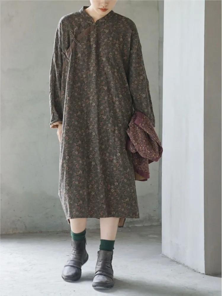 Johnature Women Vintage Print Floral Dresses Stand Long Sleeve Cotton Spring Chinese Style Robes Button Women Dress