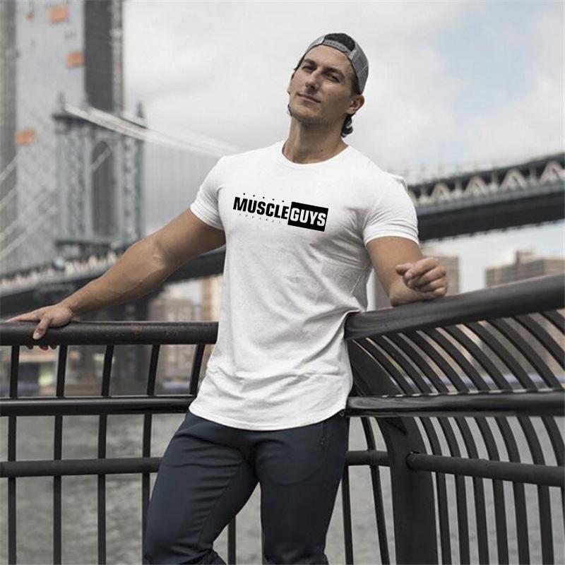 Gym Fitness Muscle Breathable Clothing Summer Cotton Short Sleeve Slim Fit T-shirts Gyms Bodybuilding Mens Casual Sport Shirts