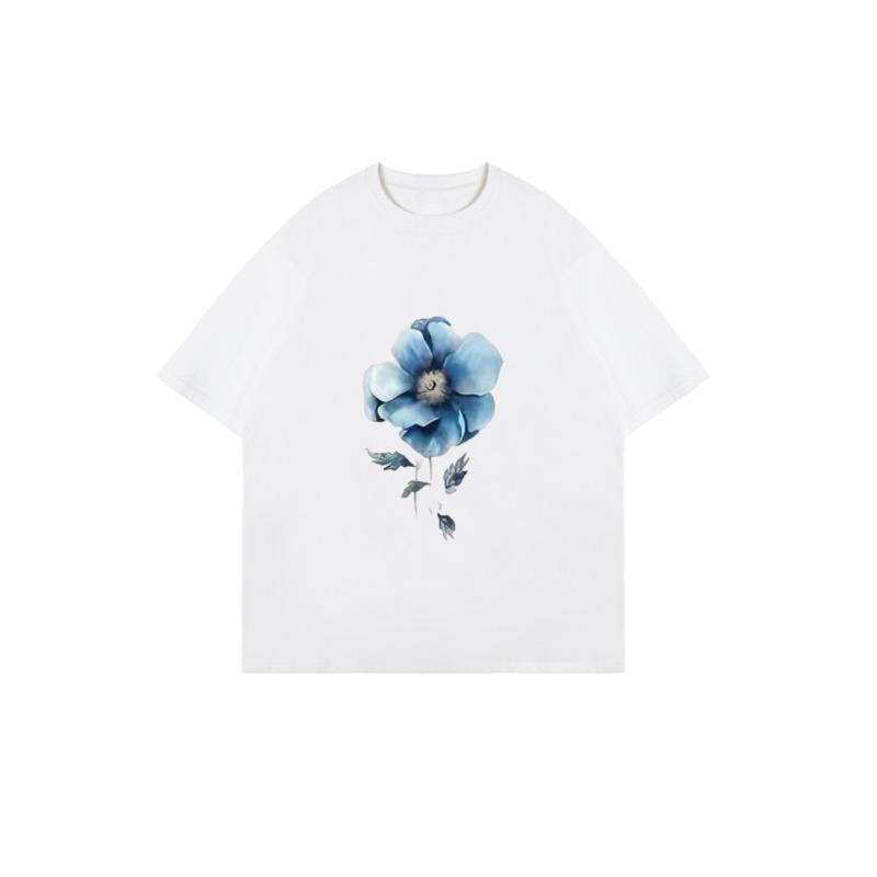 Oversized T Shirt Black Blue Flower Print Casual Wear