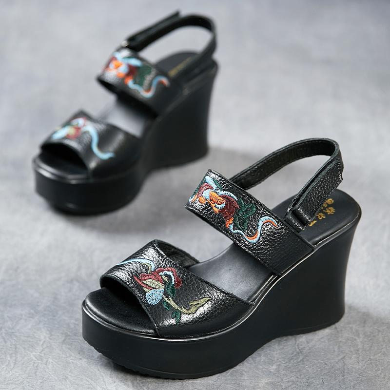 Fashion GKTINOO New Women Luxury Platform Wedge Sandals Cow Genuine Leather Summer Shoes Hollow Pumps Casual Breathable Leisure