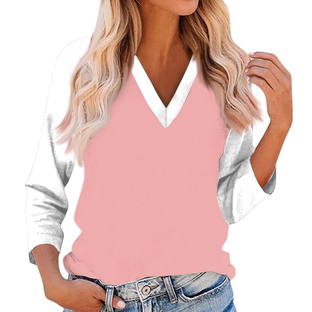 Women's Casual And Fashionable Patchwork V-Neck Top With Seven Quarter Sleeves Top