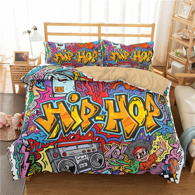 Urban Graffiti Duvet Cover Set Blockbuster Style Graffiti Sprayed Overlapping Blocky Letters Street Art Bedding Set Pillowcases
