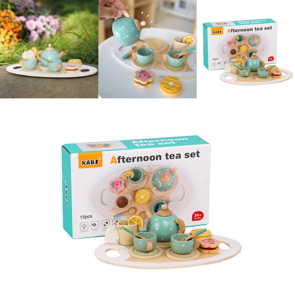 Kid Wooden Tea Set With Pretend Sweets Teapots For Early Education And Role Playing