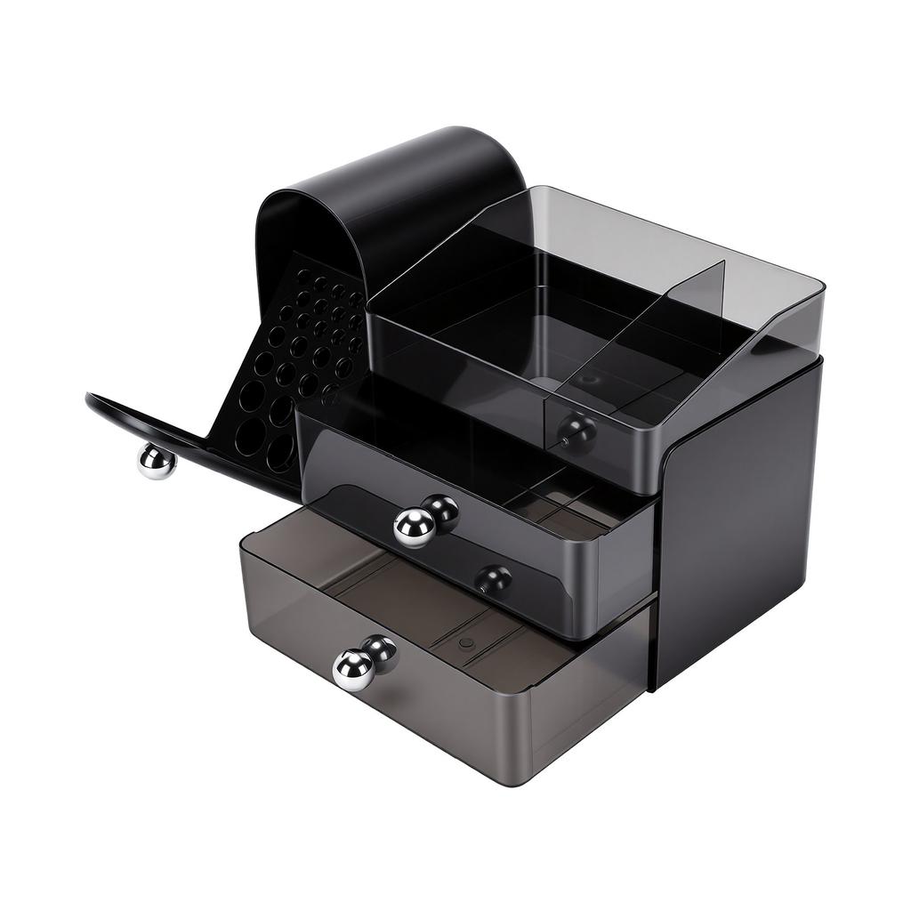 3 Tier Make Up Organizers for Vanity Countertop Skincare Organizer with Dust Cover 2 Transparent Drawers 27 Brush
