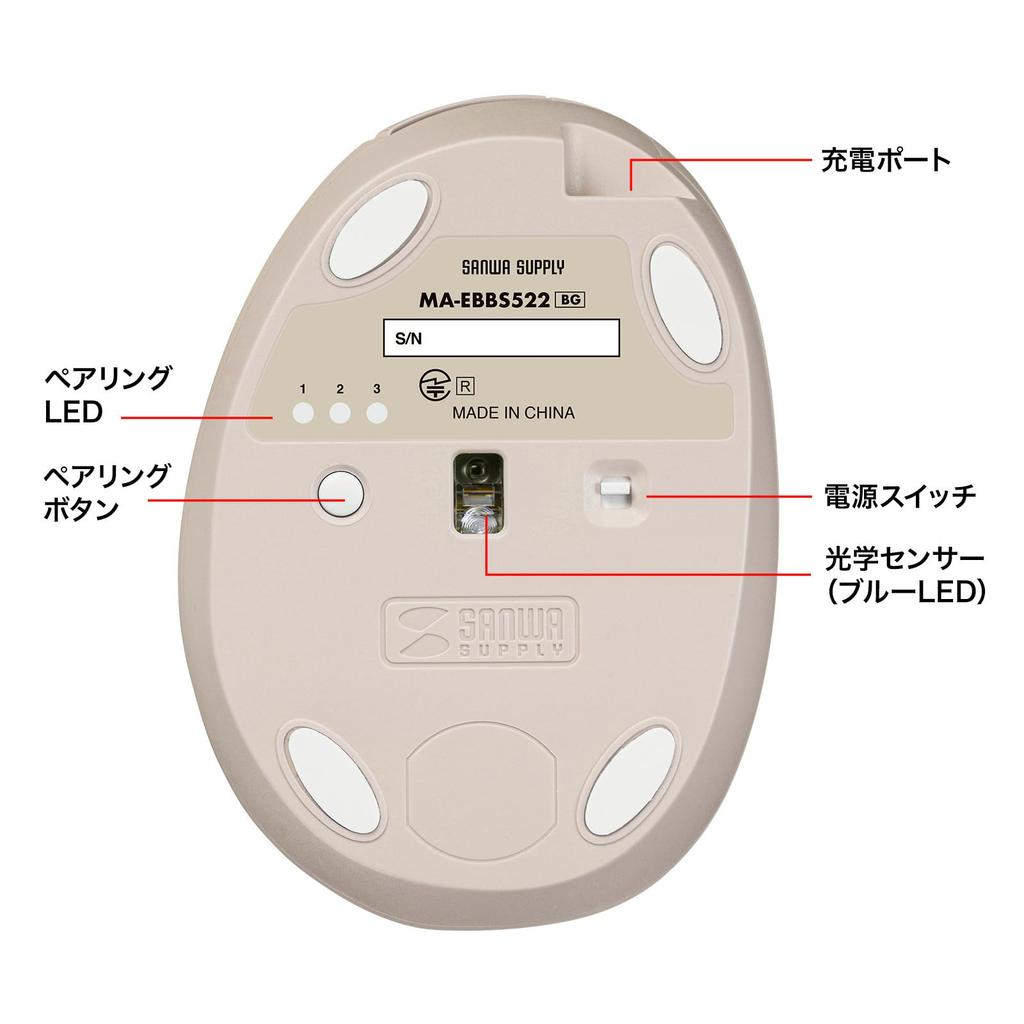 Sanwa Supply MA-EBBS522BG Quiet Bluetooth Compact Ergonomic Mouse (Rechargeable, 5 Buttons, Beige)