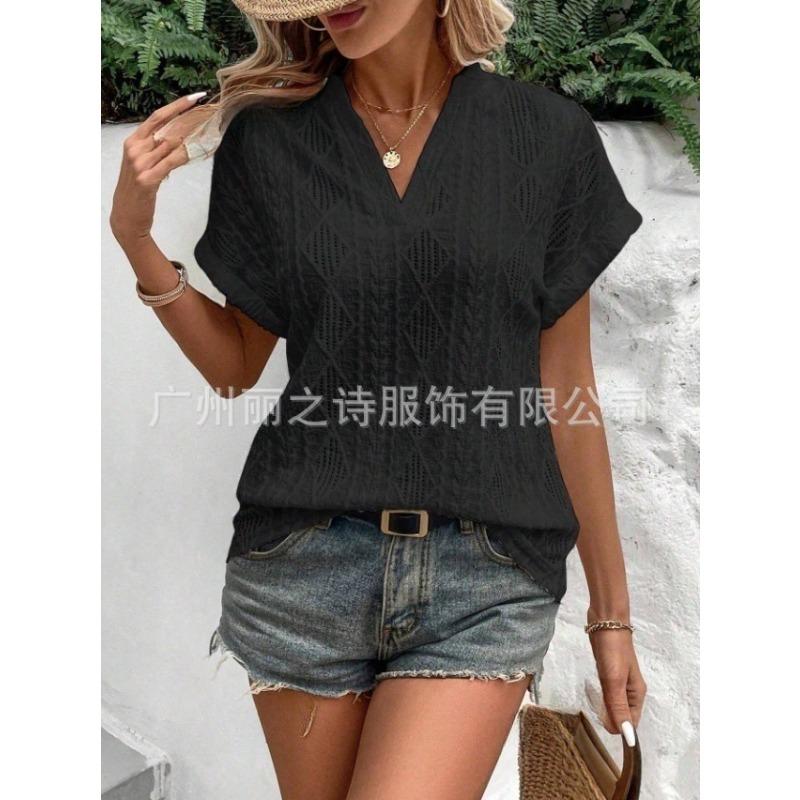 Καλοκαιρινό γυναικείο πουκάμισο Casual Hollow Jacquard V γιακά Φαρδύ κοντομάνικο