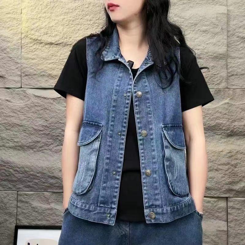 

Модный ретро-женский джинсовый жилет, пальто, майка, свободный покрой с карманом, повседневный джинсовый жилет 3XL синий