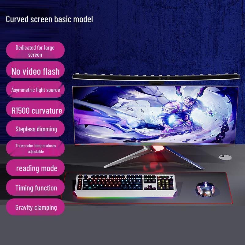 Curved Screen Hanging Lamp with Seven-Color LED, Sound-Reactive Rhythm, and Eye Protection Features.