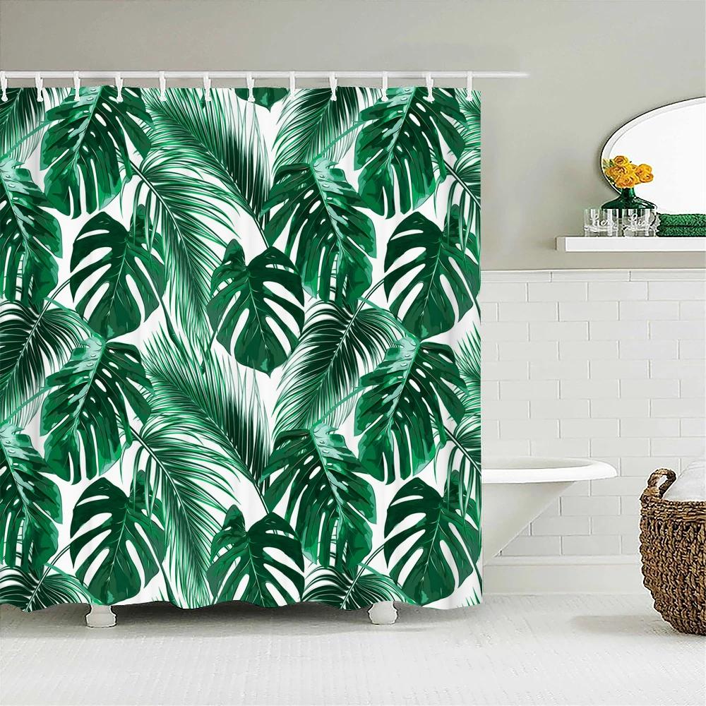 Tropical Plant Leaves Bath Curtain Waterproof Fabric Shower Curtains Colorful Palm Leaf Print Bathtub Screen for Bathroom Decor