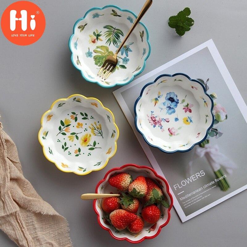 Hi Nordic Simple Hand Painted Ceramic Salad Cake Bowl Colorful Porcelain Soup Fruit Bowl Lace Rice Dessert Snack Bowl Tableware
