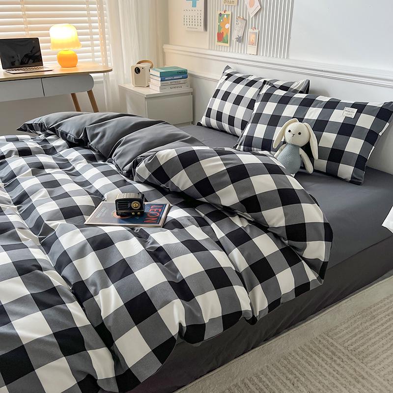 Muji Style Plaid Peach Fuzz Cotton Bedding Set: Skin-friendly Bed Sheet, Fitted Sheet, Duvet Cover - 3 or 4 Piece Options for Dorm.