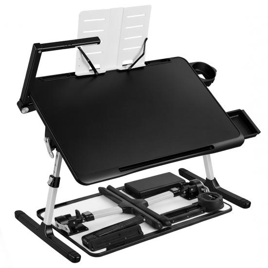 Bed Laptop Table Desk with LED, Drawer, Cup Phone Holder, Book Stand, 5 Height Computer Adjustable Foldable Lap Table, Sofa Floor Stand Tray